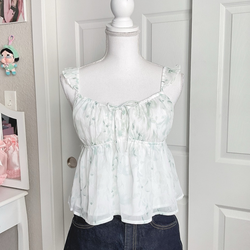 Floral sheer green babydoll top with adjustable back tie